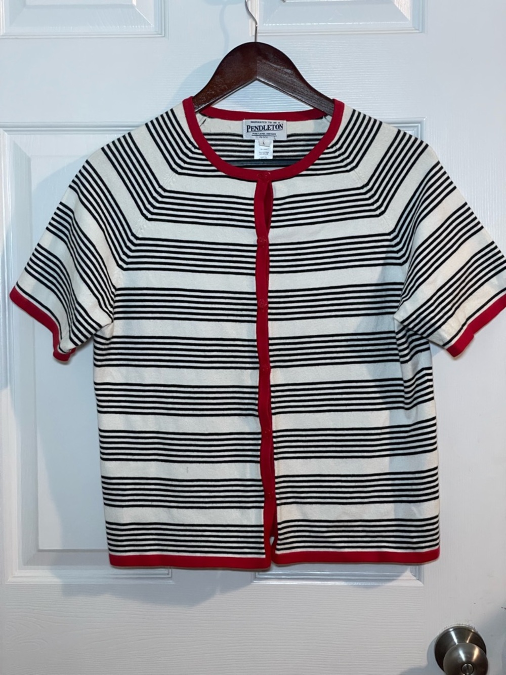 Pendleton Black & White Stripe Short-Sleeve Cardigan with Red Trim Petite Large